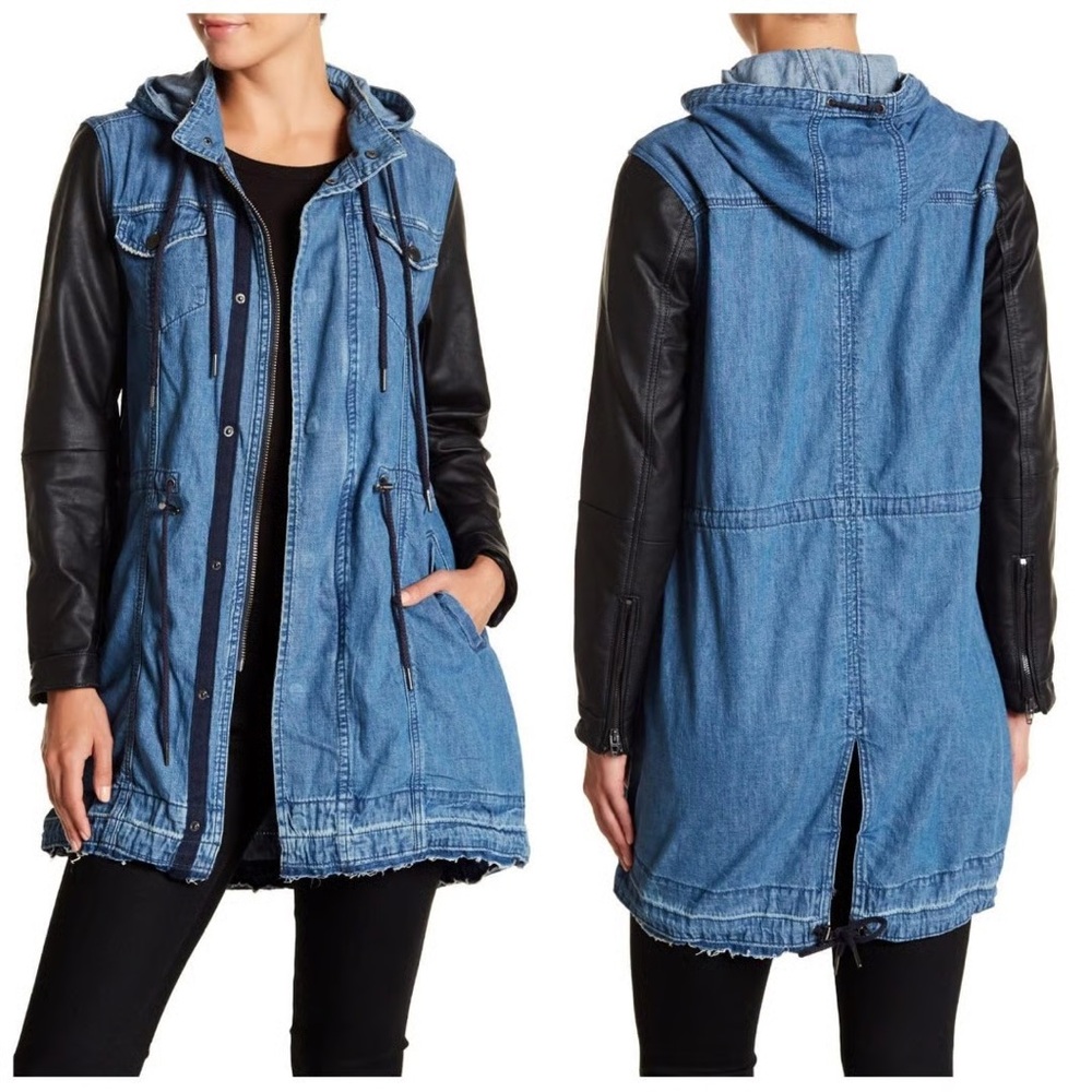 Blank NYC Blue Denim Jacket with Black Faux Leather Sleeves